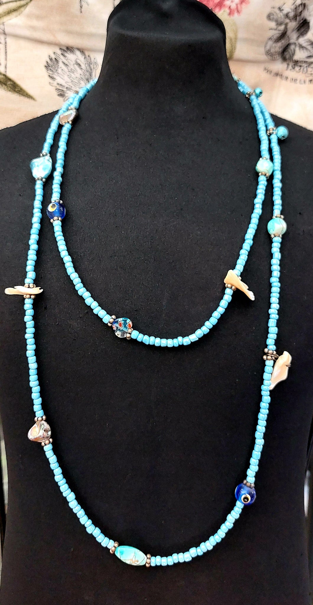 NECKLACE VERY LONG TURQUOISE COLOUR LITTLE BEADS + MOTHER OF PEARL CHIPS + BLUE GLASS EYES + MILLEFIORI MURANO GLASS BEADS