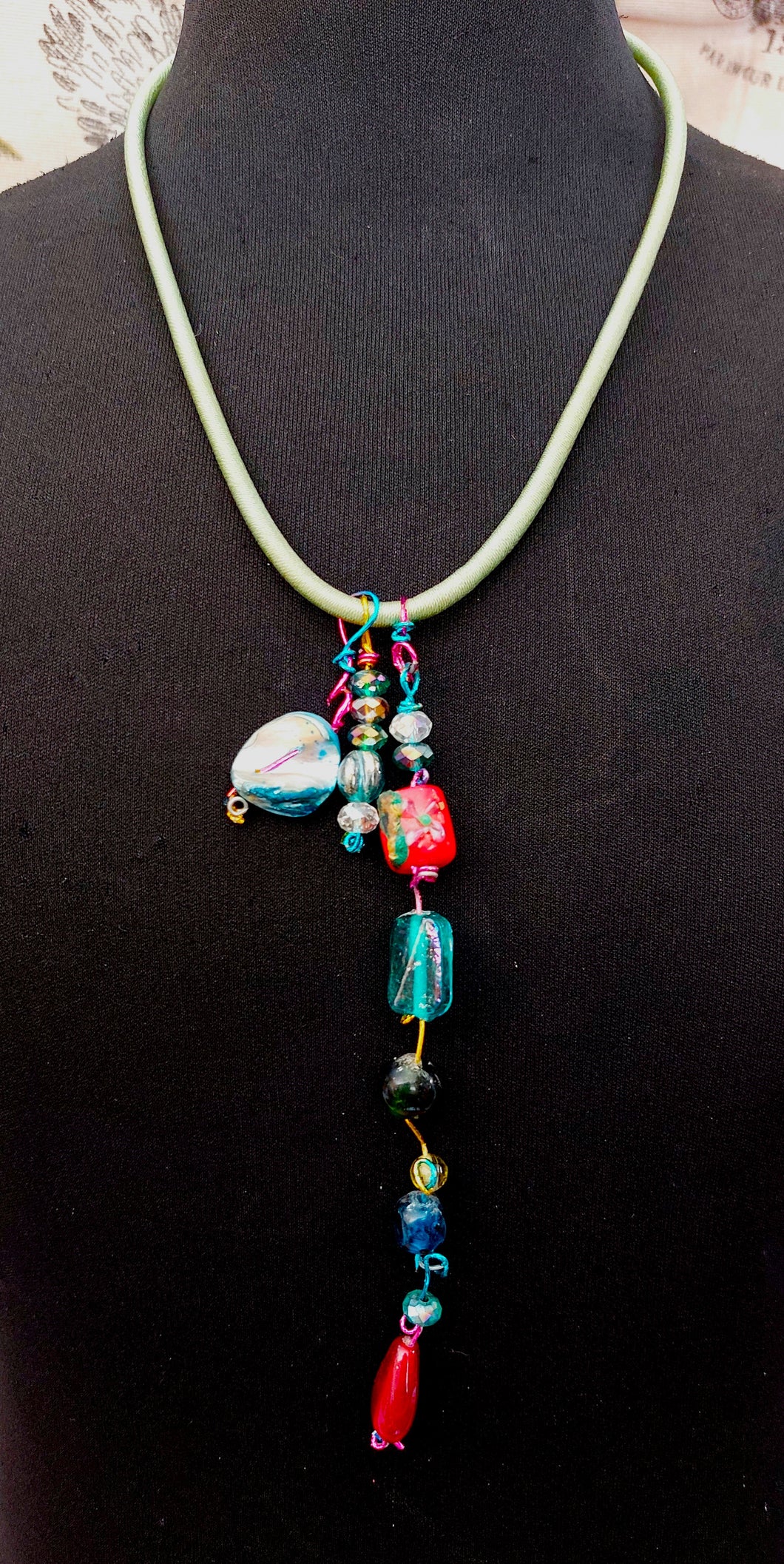 NECKLACE WITH GLASS HANDMADE MURANO BEADS , CRYSTALS TYPE SWAROVSKI, TURQUOISE MOTHER OF PEARL