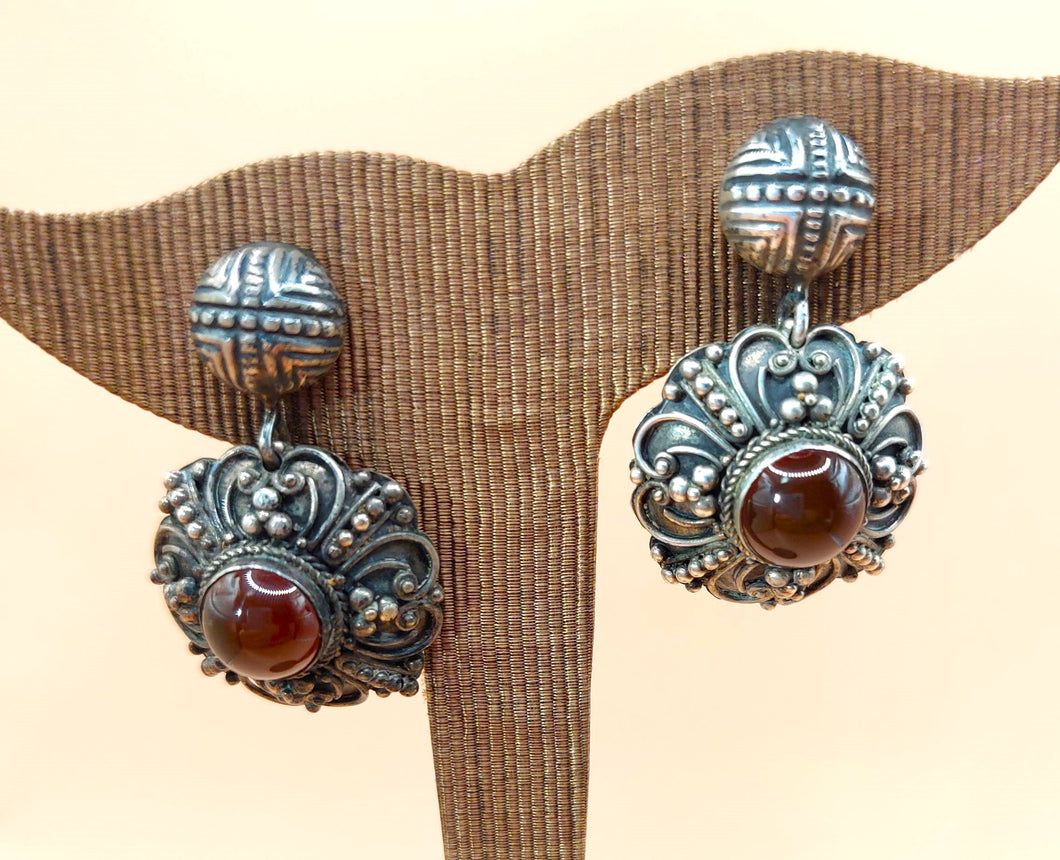 SILVER EARRINGS , HANDMADE  FILIGREE, WITH CABOCHON GENUINE AGATE