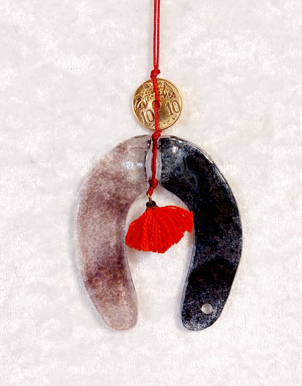HORSE-SHOE TALISMAN FUSING GLASS IN PURPLE-CARAMEL COLOUR WITH GOLDEN GREEK COIN 