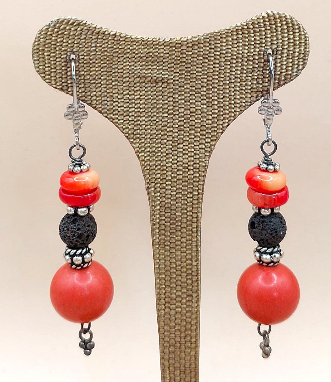 STAINLESS/SILVER-PLATED EARRINGS, CORAL BALL & DISCS IN ORANGE AND LAVA IN BROWN COLOUR