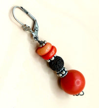Load image into Gallery viewer, STAINLESS/SILVER-PLATED EARRINGS, CORAL BALL &amp; DISCS IN ORANGE AND LAVA IN BROWN COLOUR
