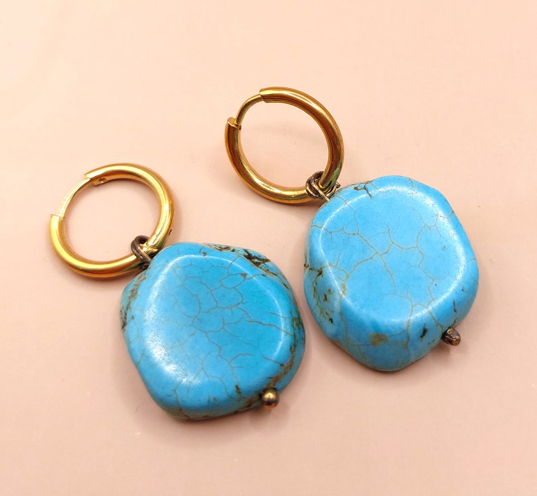 EARRINGS LITTLE GOLDEN HOOPS SURGICAL STEEL + GENUINE TURQUOISE STONES 