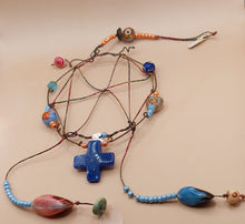 Load image into Gallery viewer, DREAMCATCHER HANDMADE MOBILE BRONZE WIRE+ BLUE LUCITE CROSS
