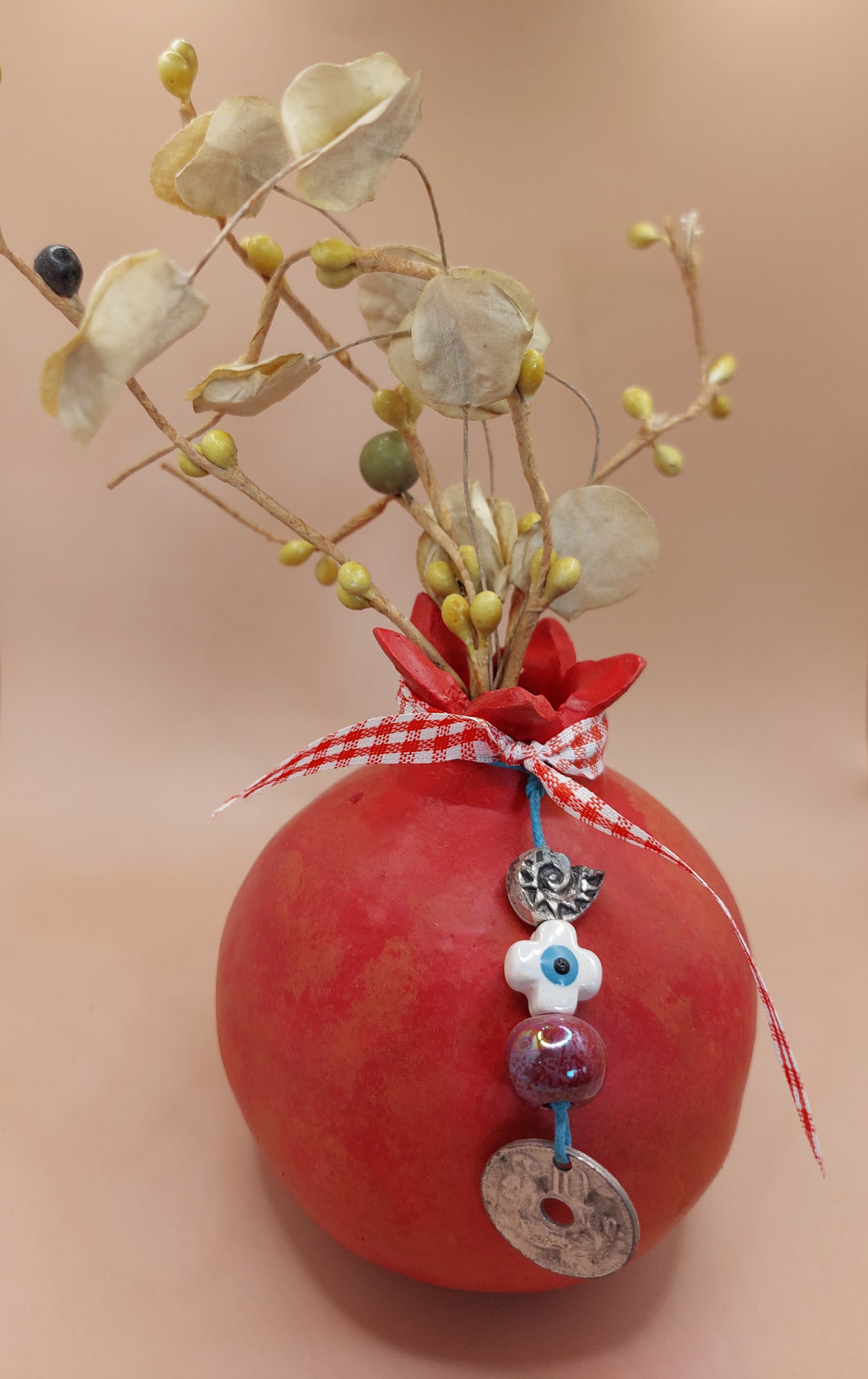 CERAMIC POMEGRANATE  TERRACOTTA PAINTED RED WITH LUCKY-CHARMS