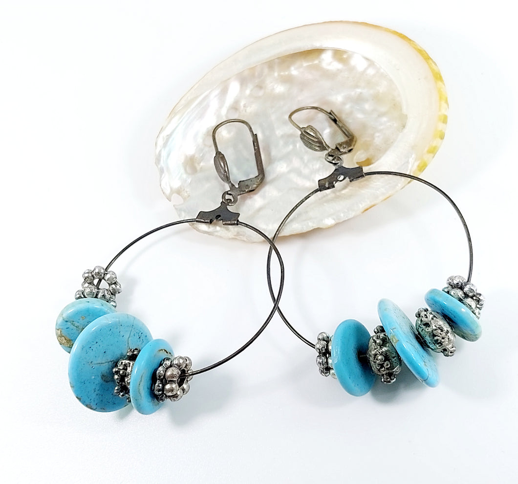 EARRINGS ANTIQUE BRONZE HANGING HOOPS WITH GENUINE TURQUOISE  HOWLITE DISCS AND SILVER-PLATED ELEMENTS