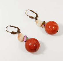 Load image into Gallery viewer, EARRINGS WITH BIG GENUINE CORAL SPHERES , PINK PEONY CORALS AND IRIDESCENT MULTIFACETED CRYSTALS

