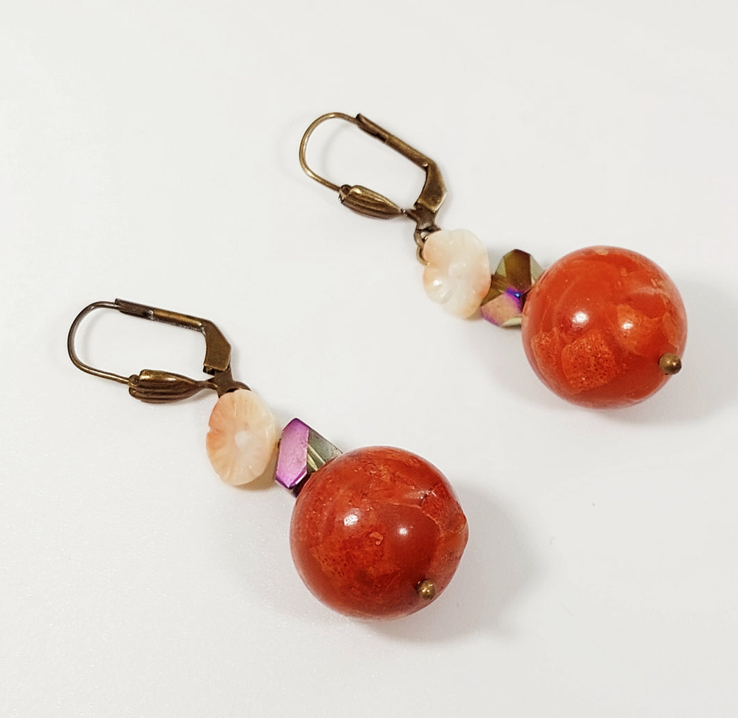 EARRINGS WITH BIG GENUINE CORAL SPHERES , PINK PEONY CORALS AND IRIDESCENT MULTIFACETED CRYSTALS
