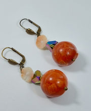 Load image into Gallery viewer, EARRINGS WITH BIG GENUINE CORAL SPHERES , PINK PEONY CORALS AND IRIDESCENT MULTIFACETED CRYSTALS
