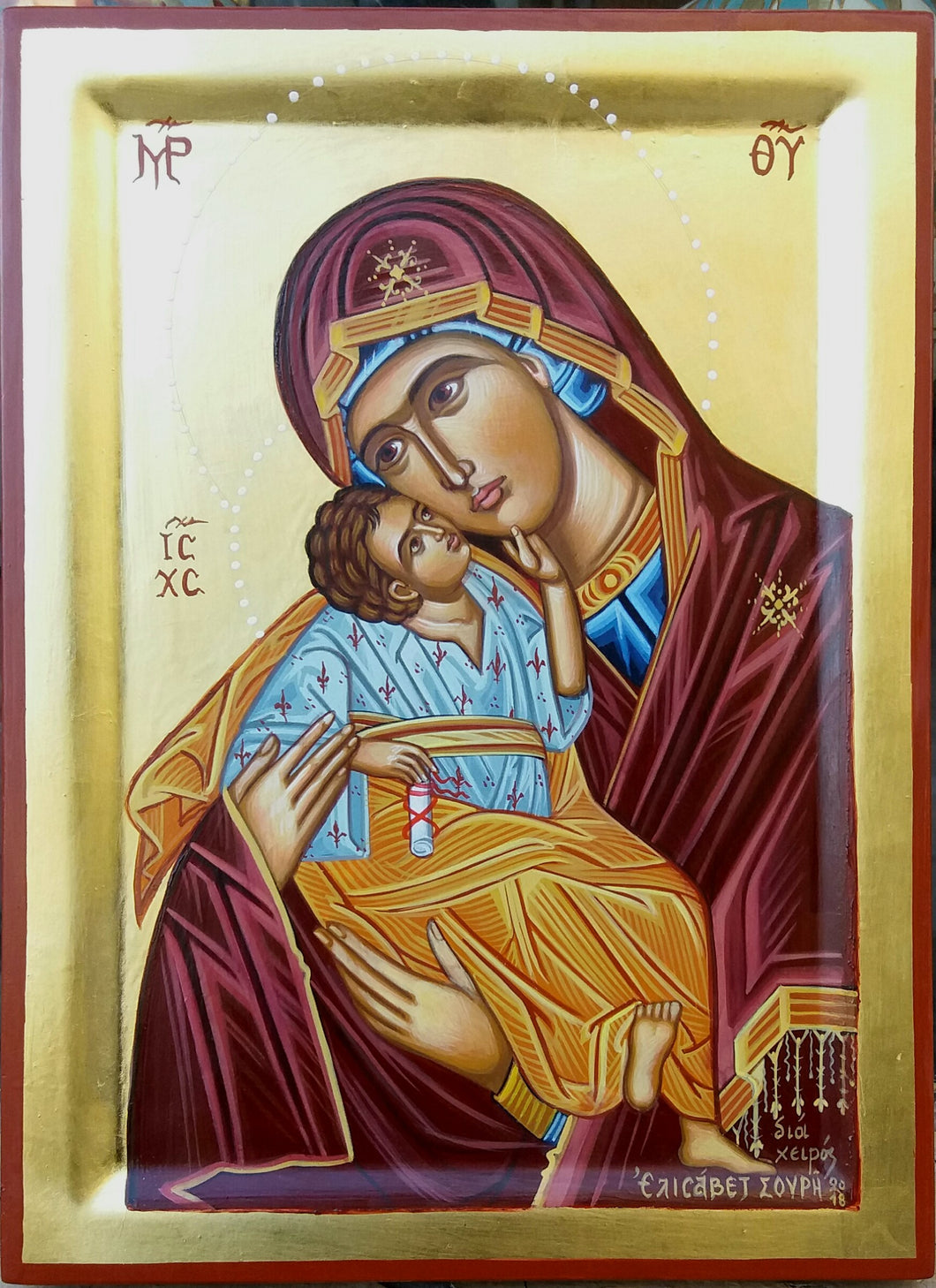 HOLY ICON “MOTHER OF GOD KISSING JESUS CHRIST” Νο1 , 45x35 cm