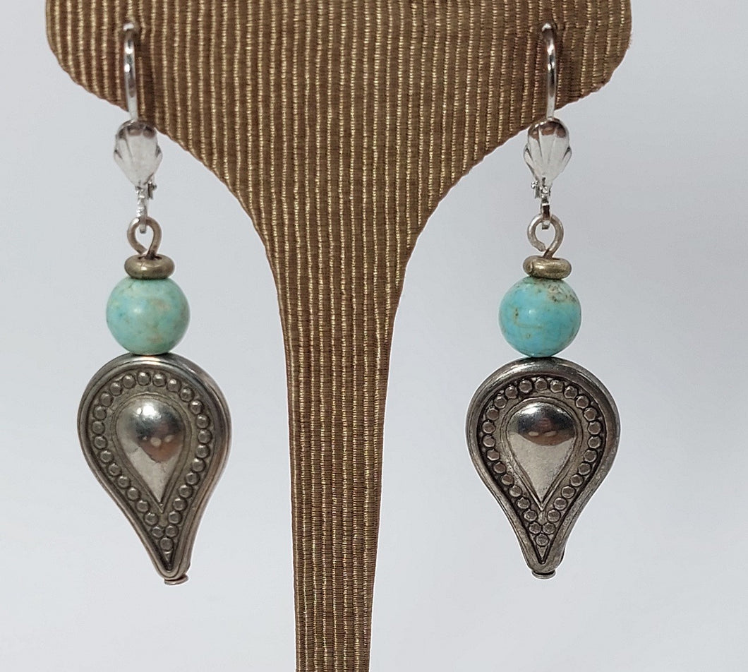 SILVER-PLATED EARRINGS ANTIQUE TEAR, SEMI-PRECIOUS TURQUOISE BEAD,