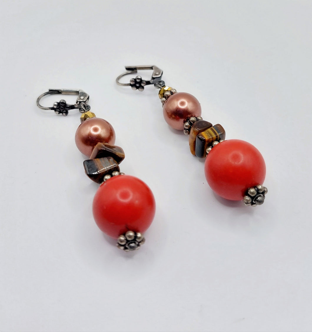 STAINLESS/SILVER-PLATED EARRINGS, CORAL BALL ORANGE, BEIGE ARTIFICIAL PEARL