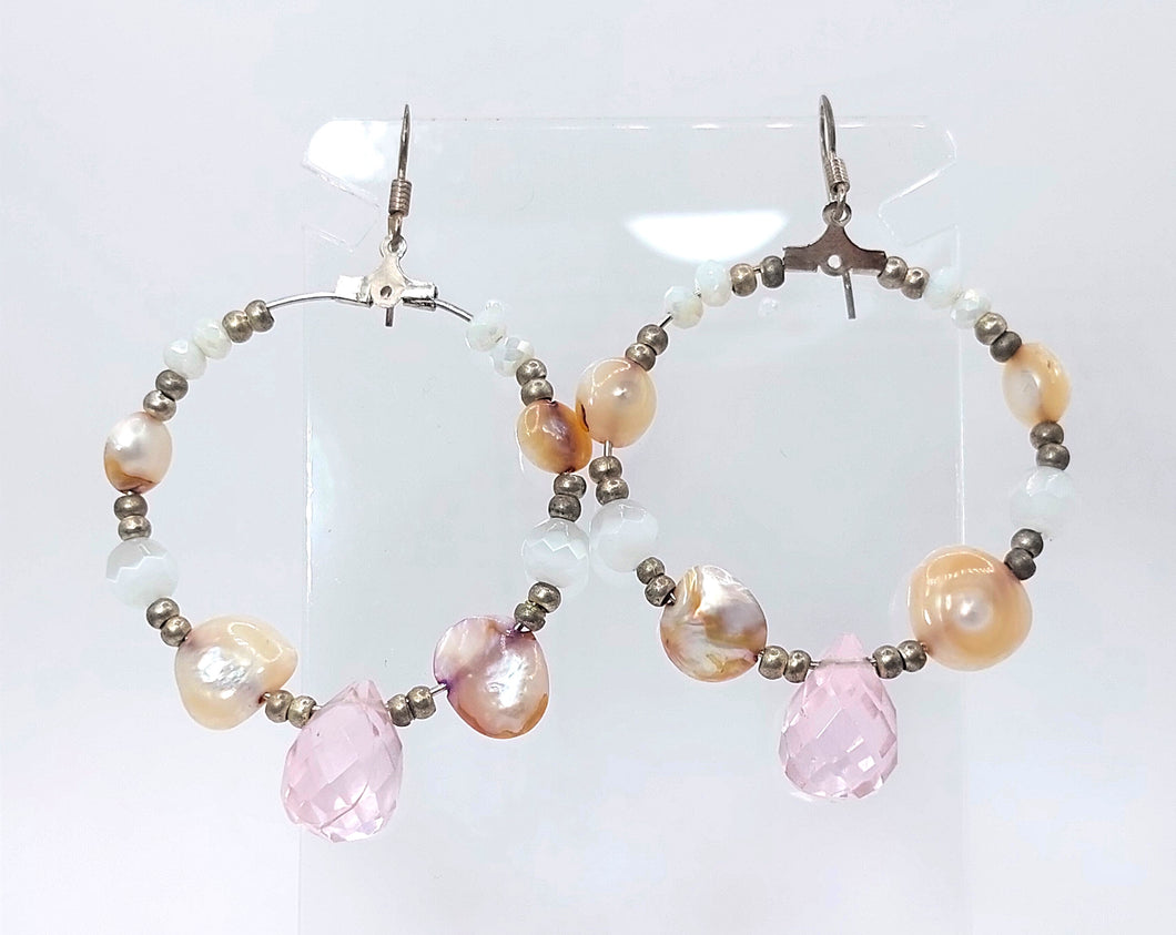SILVER-PLATED EARRINGS, HANGING HOOPS CRYSTAL PINK TEAR,