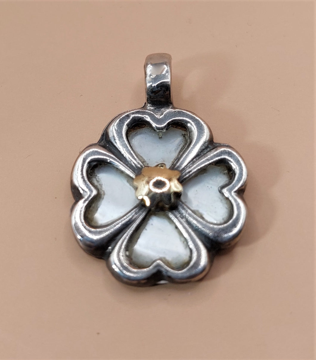 MEDALLION, HANDMADE, SILVER LUCKY CLOVER, ANAGLYPH GOLDEN SUN AT THE CENTRE SILVER 925⁰+GOLD 14K